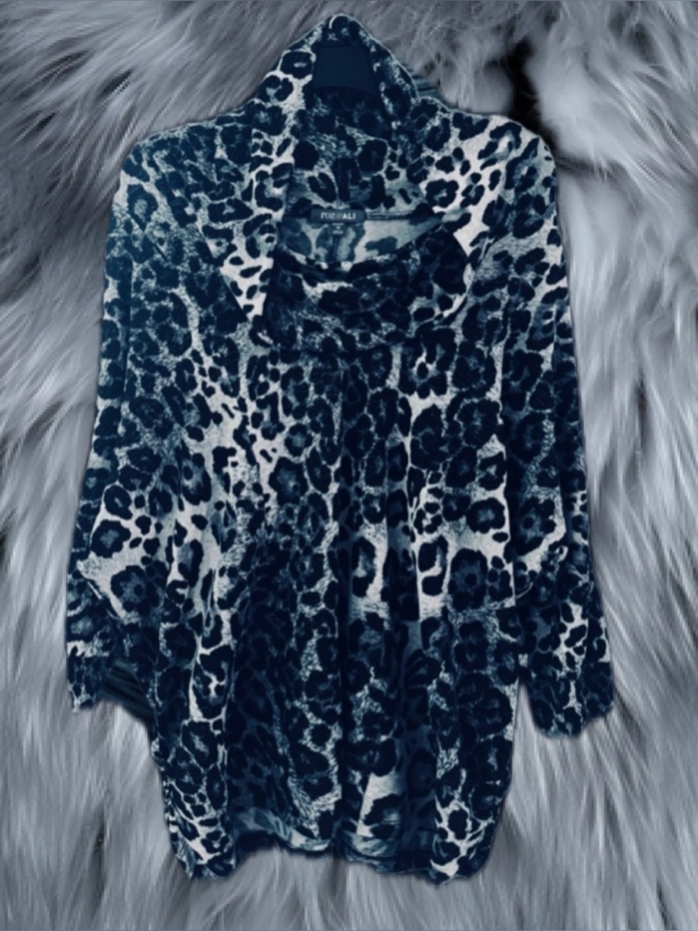 Roz & Ali Grey Cheetah Print Oversized Cowl Neck Tunic Top with Silver Threading
